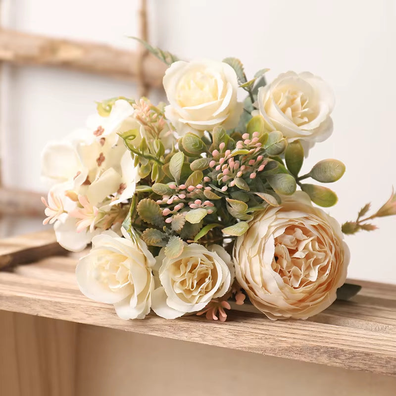 Autumn White Silk Artificial Roses Flowers Wedding Home Decoration High Quality Bouquet Luxury Fake Floral Arrangement