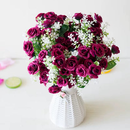 15 Heads Mini Roses Bouquet Artificial Flower Wedding Scene Layout Fake Floral Living Room Desk Christmas Home Decor Accessories