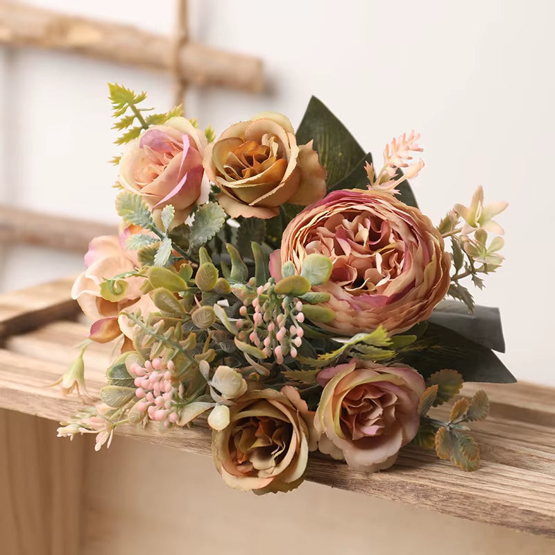 Autumn White Silk Artificial Roses Flowers Wedding Home Decoration High Quality Bouquet Luxury Fake Floral Arrangement