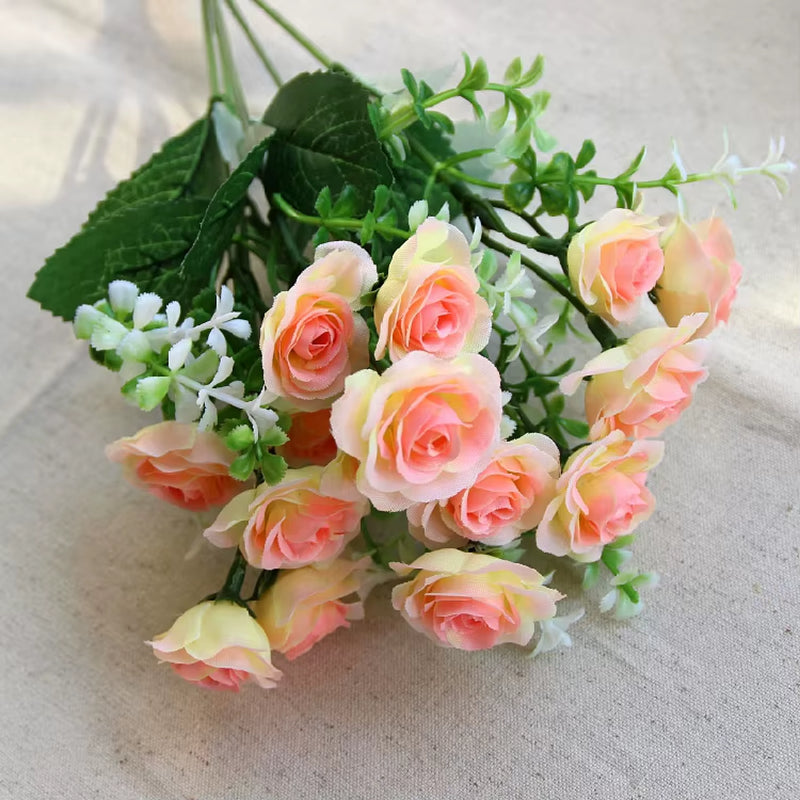 15 Heads Mini Roses Bouquet Artificial Flower Wedding Scene Layout Fake Floral Living Room Desk Christmas Home Decor Accessories