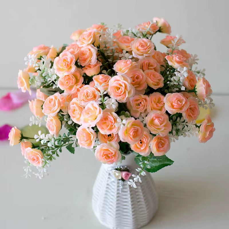 15 Heads Mini Roses Bouquet Artificial Flower Wedding Scene Layout Fake Floral Living Room Desk Christmas Home Decor Accessories