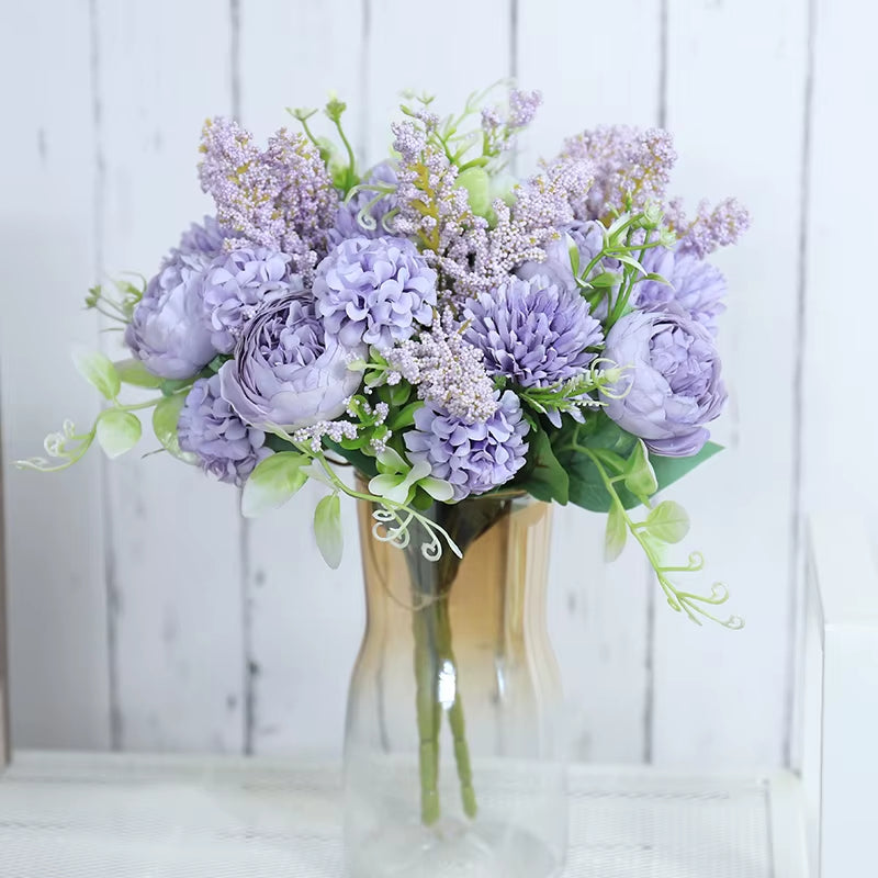 Roses Artificial Flowers White Silk Peony High Quality Sky Blue Bride Bouquet Wedding Decor Fake Flower Home Accessories Craft