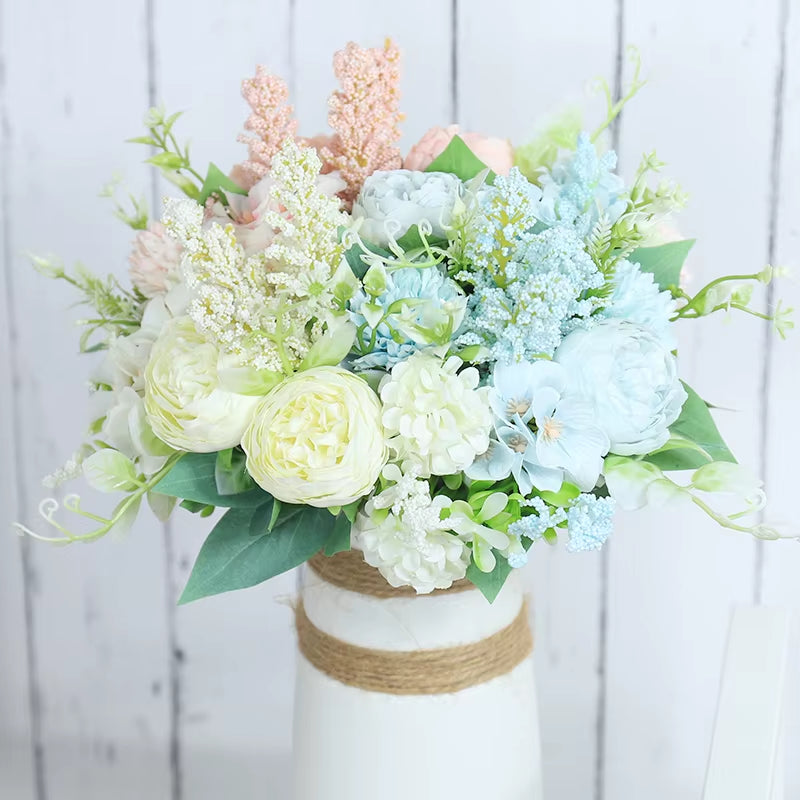 Roses Artificial Flowers White Silk Peony High Quality Sky Blue Bride Bouquet Wedding Decor Fake Flower Home Accessories Craft