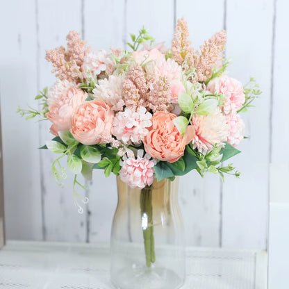 Roses Artificial Flowers White Silk Peony High Quality Sky Blue Bride Bouquet Wedding Decor Fake Flower Home Accessories Craft