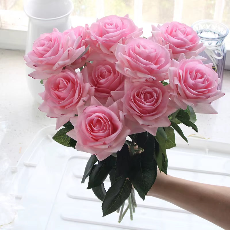 7 Pcs Real Touch Rose Branch Stem Latex Rose Hand Feel Felt Simulation Decorative Artificial Silicone Rose Flowers Home Wedding