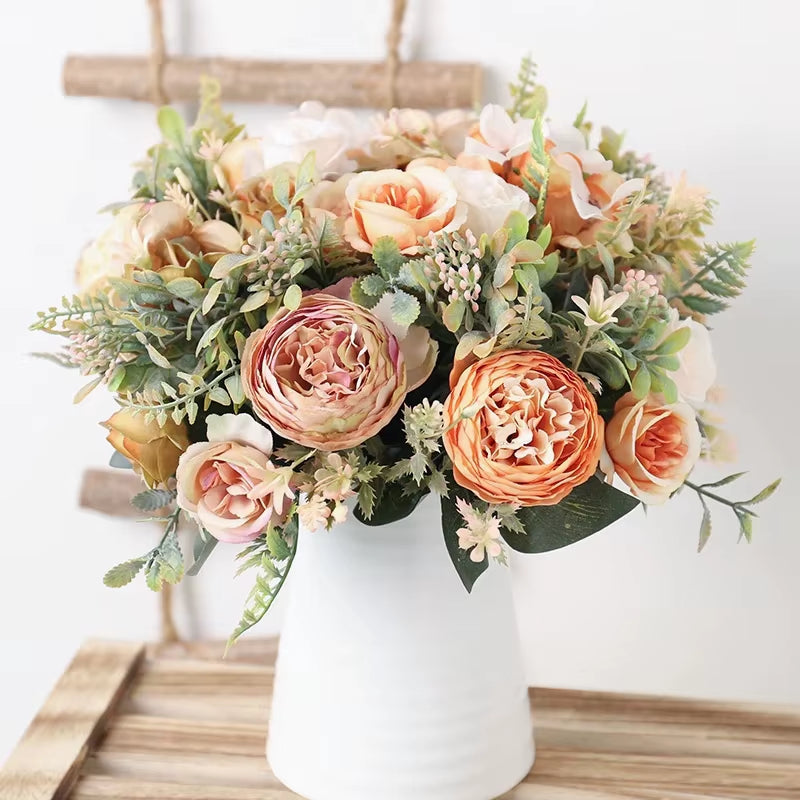 Autumn White Silk Artificial Roses Flowers Wedding Home Decoration High Quality Bouquet Luxury Fake Floral Arrangement